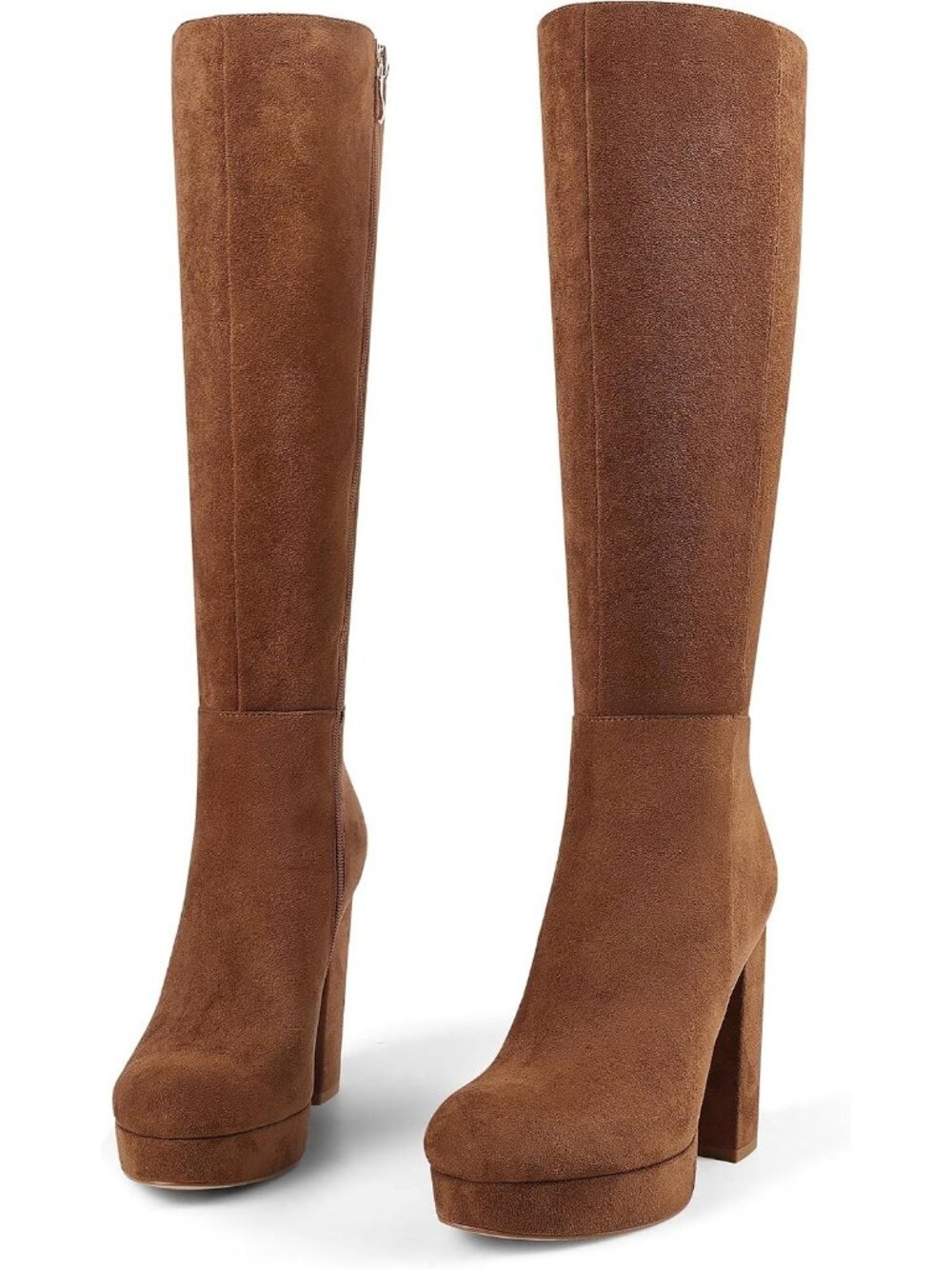 Women's Brown Suede Knee High Boots Chunky High Heel Boots Round Toe Side Zip